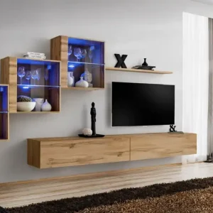 Wohnwand im modernen Design Balestrand 308, Farbe: Eiche Wotan - Abmessungen: 150 x 330 x 40 cm (H x B x T), mit acht Fächern Knallerangebot