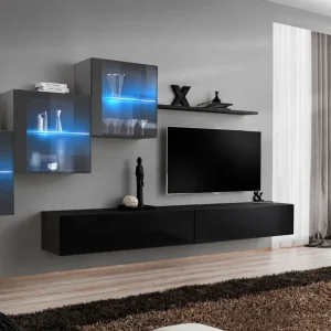 Heißes Angebot Stylische Wohnwand Balestrand 313, Farbe: Grau / Schwarz - Abmessungen: 150 x 330 x 40 cm (H x B x T), mit Push-to-open Funktion