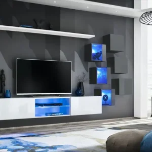 Edle Wohnwand Volleberg 07, Farbe: Weiß / Grau - Abmessungen: 140 x 260 x 40 cm (H x B x T), mit drei Hängevitrinen Kostenfreie Lieferung