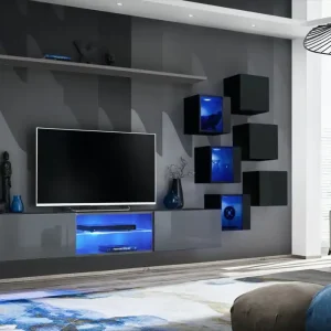 Aktuell Wohnwand im stylischen Design Volleberg 09, Farbe: Grau / Schwarz - Abmessungen: 140 x 260 x 40 cm (H x B x T), mit blauer LED-Beleuchtung