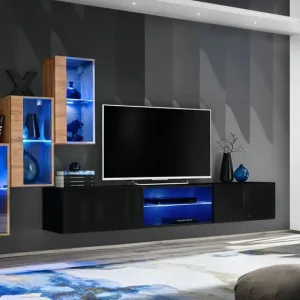 Jetzt Bestellen Wohnwand im eleganten Design Volleberg 29, Farbe: Eiche Wotan / Schwarz - Abmessungen: 120 x 210 x 40 cm (H x B x T), mit blauer LED-Beleuchtung