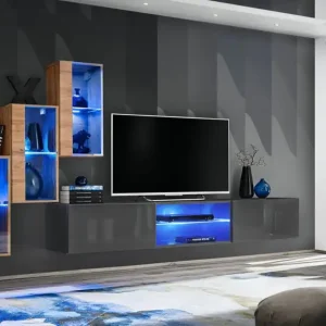 Wohnwand mit Push-to-open Funktion Volleberg 31, Farbe: Eiche Wotan / Grau - Abmessungen: 120 x 210 x 40 cm (H x B x T), mit genügend Stauraum Bestseller