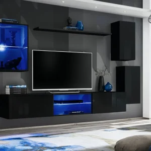 Online Kaufen Dunkle Wohnwand Volleberg 34, Farbe: Schwarz - Abmessungen: 140 x 250 x 40 cm (H x B x T), mit blauer LED-Beleuchtung