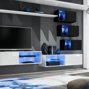 Hängende Wohnzimmerwand Volleberg 53, Farbe: Weiß / Schwarz - Abmessungen: 150 x 250 x 40 cm (H x B x T), mit acht Türen Preisreduziert