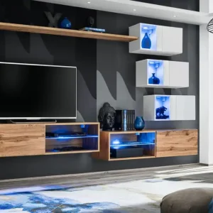 Holzdekor Wohnwand Volleberg 59, Farbe: Eiche Wotan / Weiß - Abmessungen: 150 x 250 x 40 cm (H x B x T), mit Push-to-open Funktion Geprüft