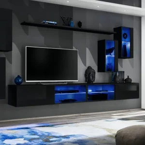 Dunkle Wohnwand Volleberg 66, Farbe: Schwarz - Abmessungen: 150 x 280 x 40 cm (H x B x T), mit blauer LED-Beleuchtung Must-Have