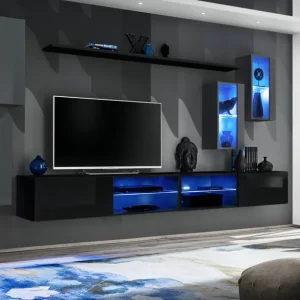 Hängende Wohnwand Volleberg 73, Farbe: Schwarz / Grau - Abmessungen: 150 x 280 x 40 cm (H x B x T), mit Push-to-open Funktion Schneller Versand