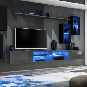 Wohnzimmerwand hängend Volleberg 74, Farbe: Grau / Schwarz - Abmessungen: 150 x 280 x 40 cm (H x B x T), mit genügend Stauraum Neu Im Sortiment