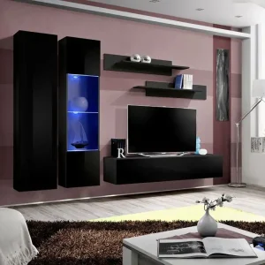 Top-Seller Wohnzimmer Wohnwand Hompland 20, Farbe: Schwarz - Abmessungen: 170 x 260 x 40 cm (H x B x T), mit blauer LED-Beleuchtung