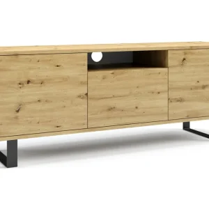 Einfacher TV-Unterschrank / TV-Möbel Zapopan 97, Farbe: Eiche Artisan, Maße: 56 x 150 x 40 cm, Push-to-open Funktion, vier Fächer, hängend montierbar Neu
