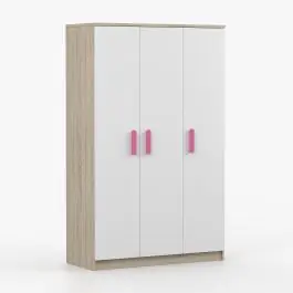 Kleiderschrank / Drehtürenschrank | Holzgriffe | Weiß / Sonoma Eiche | Kleiderstange | 192 x 120 x 50 cm | Smolikas 101 | 3 Türen | 9 Fächer Geprüft