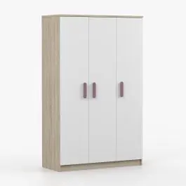 Kleiderschrank / Drehtürenschrank | Holzgriffe | 192 x 120 x 50 cm | 9 Fächer | Kleiderstange | Weiß / Sonoma Eiche | Smolikas 105 | 3 Türen Neu