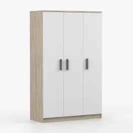 Drehtürenschrank / Kleiderschrank Weiß / Sonoma Eiche | Smolikas 107 | 192 x 120 x 50 cm | 3 Türen | 9 Fächer | Holzgriffe | 1 Kleiderstange Super-Preis