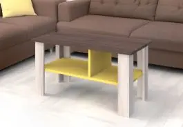 Couchtisch Kerema 06, Farbe: Nuss / Ulme / Gelb - Abmessungen: 100 x 60 x 52 cm (B x T x H) Kostenloser Rückversand