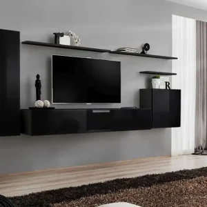 Kostenloser Rückversand Elegante Wohnwand Balestrand 02, Farbe: Schwarz - Abmessungen: 160 x 330 x 40 cm (H x B x T), mit vier Türen