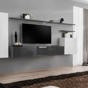 Jetzt Bestellen Wohnwand Balestrand 07, Farbe: Weiß / Grau - Abmessungen: 160 x 330 x 40 cm (H x B x T), mit vier Türen