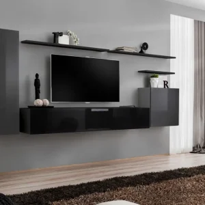 Elegante Wohnwand Balestrand 09, Farbe: Grau / Schwarz - Abmessungen: 160 x 330 x 40 cm (H x B x T), mit vier Türen Ausverkauf