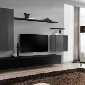 Abverkauf Wohnwand mit fünf Türen Balestrand 25, Farbe: Grau / Schwarz - Abmessungen: 160 x 270 x 40 cm (H x B x T), mit Push-to-open Funktion