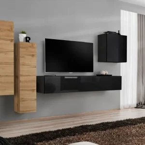 Sonderaktion Stylische Wohnwand Balestrand 45, Farbe: Eiche Wotan / Schwarz - Abmessungen: 160 x 330 x 40 cm (H x B x T), mit genügend Stauraum