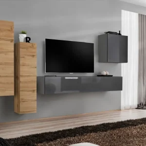 Kostenloser Rückversand Elegante Wohnwand Balestrand 47, Farbe: Eiche Wotan / Grau - Abmessungen: 160 x 330 x 40 cm (H x B x T), mit fünf Türen