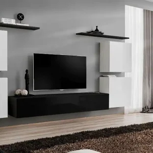 Außergewöhnliche Wohnwand Balestrand 53, Farbe: Weiß / Schwarz - Abmessungen: 150 x 320 x 40 cm (H x B x T), mit Push-to-open Funktion Neuheit