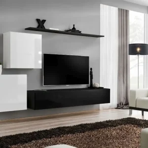 Angebot Wohnwand im stylischen Design Balestrand 69, Farbe: Weiß / Schwarz - Abmessungen: 150 x 250 x 40 cm (H x B x T), mit Push-to-open Funktion