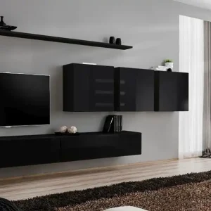 Bestseller Elegante Wohnwand Balestrand 98, Farbe: Schwarz - Abmessungen: 150 x 340 x 40 cm (H x B x T), mit acht Fächern