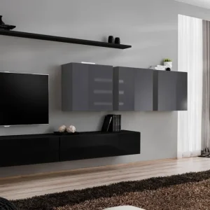 Aktuell Wohnwand im modernen Design Balestrand 106, Farbe: Schwarz / Grau - Abmessungen: 150 x 340 x 40 cm (H x B x T), mit fünf Türen