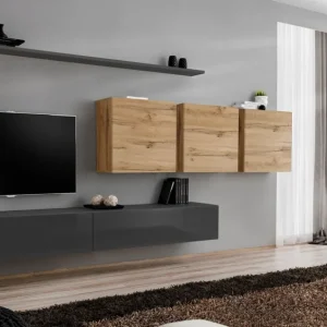 Elegante Wohnwand Balestrand 112, Farbe: Grau / Eiche Wotan - Abmessungen: 150 x 340 x 40 cm (H x B x T), mit fünf Türen Online Kaufen