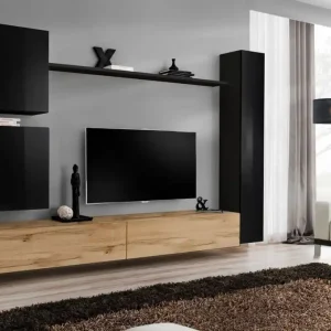 Nur Heute Wohnwand mit eleganten Design Balestrand 126, Farbe: Schwarz / Eiche Wotan - Abmessungen: 180 x 280 x 40 cm (H x B x T), mit 16 Fächern