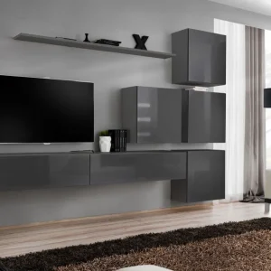 Zertifiziert Wohnwand im schlichten Design Balestrand 131, Farbe: Grau - Abmessungen: 200 x 310 x 40 cm (H x B x T), mit sechs Türen