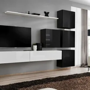 Wohnwand im außergewöhnlichen Design Balestrand 133, Farbe: Weiß / Schwarz - Abmessungen: 200 x 310 x 40 cm (H x B x T), mit sechs Türen Sichere Zahlung