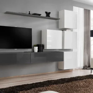 Moderne Wohnwand Balestrand 136, Farbe: Grau / Weiß - Abmessungen: 200 x 310 x 40 cm (H x B x T), mit sechs Fächern Kostenloser Versand