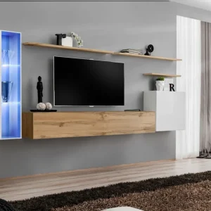 Top-Angebot Wohnwand im modernen Design Balestrand 172, Farbe: Weiß / Eiche Wotan - Abmessungen: 160 x 330 x 40 cm (H x B x T), mit 11 Fächern