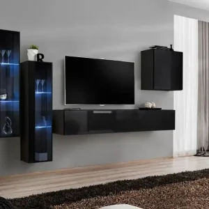 Bestseller Wohnwand im eleganten Design Balestrand 194, Farbe: Schwarz - Abmessungen: 160 x 330 x 40 cm (H x B x T), mit Push-to-open Funktion