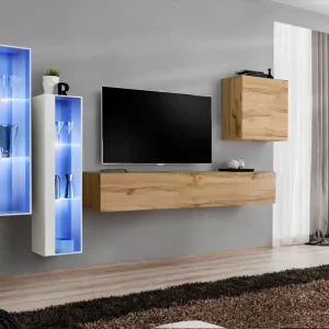 Knallerangebot Edle Wohnwand Balestrand 204, Farbe: Weiß / Eiche Wotan - Abmessungen: 160 x 330 x 40 cm (H x B x T), mit Push-to-open Funktion