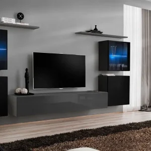 Edle Wohnwand Balestrand 218, Farbe: Schwarz / Grau - Abmessungen: 160 x 320 x 40 cm (H x B x T), mit 11 Fächern Begrenztes Angebot