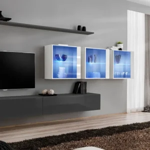 Preisreduziert Stylische Wohnwand Balestrand 264, Farbe: Grau / Weiß - Abmessungen: 150 x 340 x 40 cm (H x B x T), mit LED-Beleuchtung