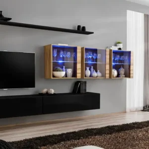 Wohnwand im außergewöhnlichen Design Balestrand 270, Farbe: Schwarz / Eiche Wotan - Abmessungen: 150 x 340 x 40 cm (H x B x T), mit 10 Fächern Top-Preis