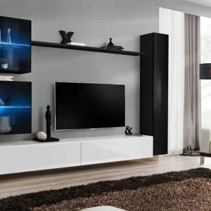 Heißes Angebot Wohnwand im eleganten Design Balestrand 278, Farbe: Schwarz / Weiß - Abmessungen: 180 x 280 x 40 cm (H x B x T), mit fünf Türen und 10 Fächern