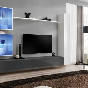 Kostenfreie Lieferung Wohnwand mit zwei Hängevitrinen Balestrand 279, Farbe: Weiß / Grau - Abmessungen: 180 x 280 x 40 cm (H x B x T), mit LED-Beleuchtung