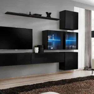 Wohnwand im schlichten Design Balestrand 290, Farbe: Schwarz - Abmessungen: 200 x 310 x 40 cm (H x B x T), mit genügend Stauraum Sonderaktion