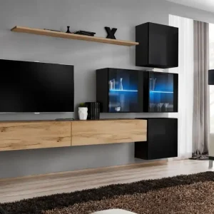Versand Am Gleichen Tag Außergewöhnliche Wohnwand Balestrand 301, Farbe: Eiche Wotan / Schwarz - Abmessungen: 200 x 310 x 40 cm (H x B x T), mit LED-Beleuchtung