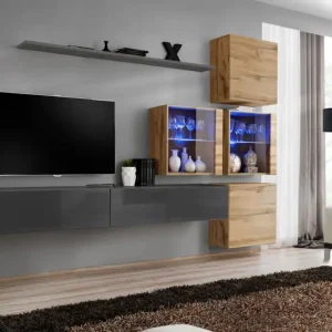 Wohnwand mit zwei Hängeschränke Balestrand 305, Farbe: Grau / Eiche Wotan - Abmessungen: 200 x 310 x 40 cm (H x B x T), mit LED-Beleuchtung Bestpreis