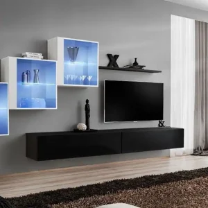 Elegante Wohnwand Balestrand 309, Farbe: Weiß / Schwarz - Abmessungen: 150 x 330 x 40 cm (H x B x T), mit fünf Türen Super-Preis