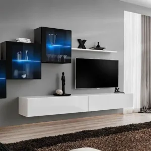 Wohnwand mit eleganten Design Balestrand 310, Farbe: Schwarz / Weiß - Abmessungen: 150 x 330 x 40 cm (H x B x T), mit Push-to-open Funktion Echt