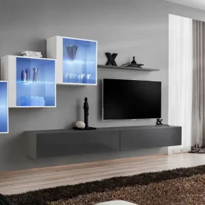 Preis Gesenkt Außergewöhnliche Wohnwand Balestrand 311, Farbe: Weiß / Grau - Abmessungen: 150 x 330 x 40 cm (H x B x T), mit LED-Beleuchtung