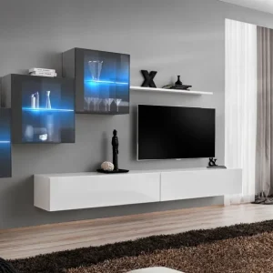 Wohnwand mit außergewöhnlichen Design Balestrand 312, Farbe: Grau / Weiß - Abmessungen: 150 x 330 x 40 cm (H x B x T), mit fünf Türen Must-Have