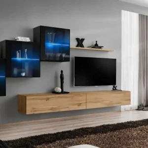 Wohnwand mit Push-to-open Funktion Balestrand 318, Farbe: Schwarz / Eiche Wotan - Abmessungen: 150 x 330 x 40 cm (H x B x T) Beliebt