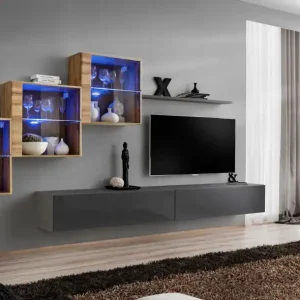 Edle Wohnwand Balestrand 319, Farbe: Eiche Wotan / Grau - Abmessungen: 150 x 330 x 40 cm (H x B x T), mit Push-to-open Funktion Jetzt Kaufen